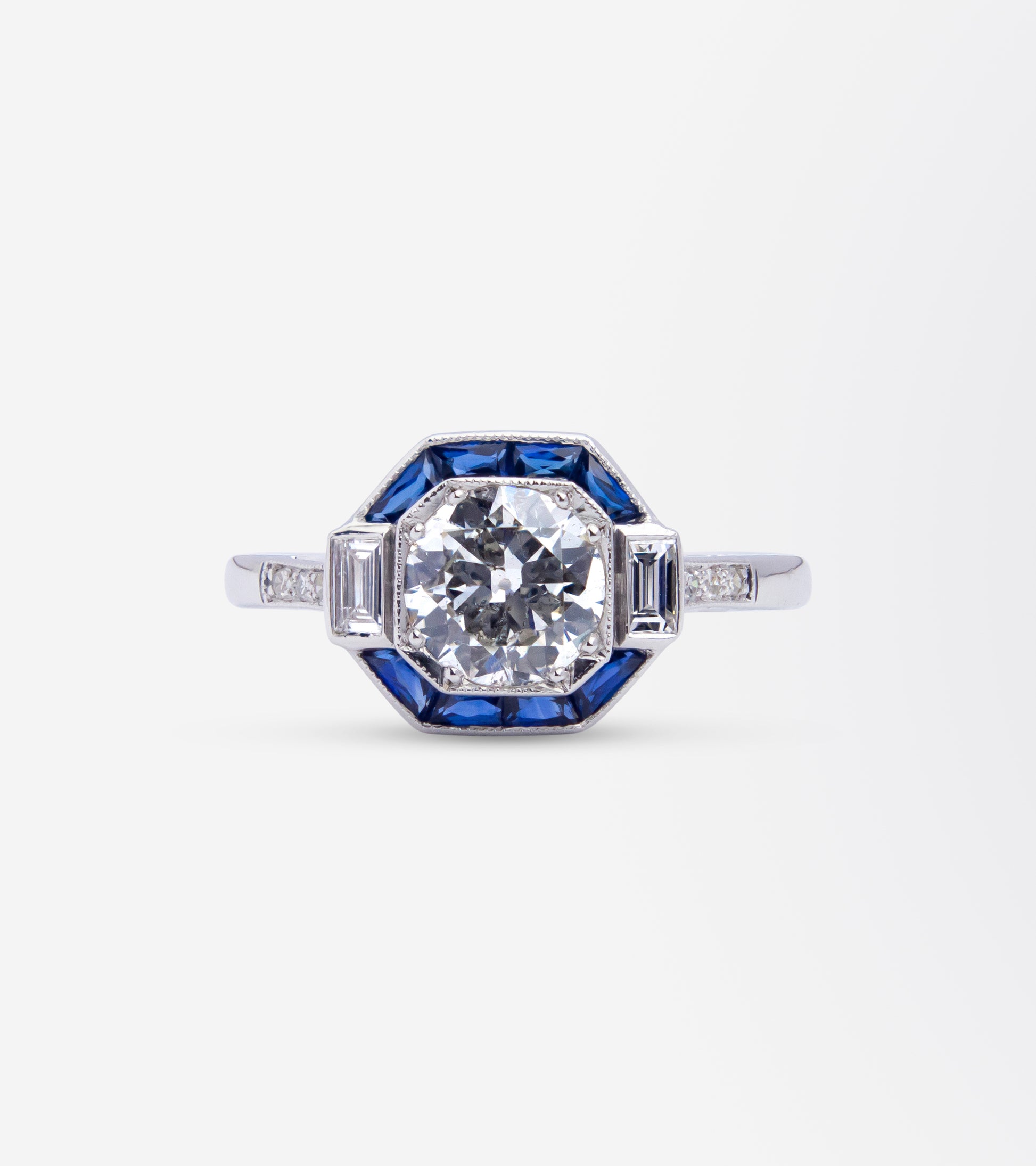 Art Deco Style, White Gold, Diamond & Sapphire Ring