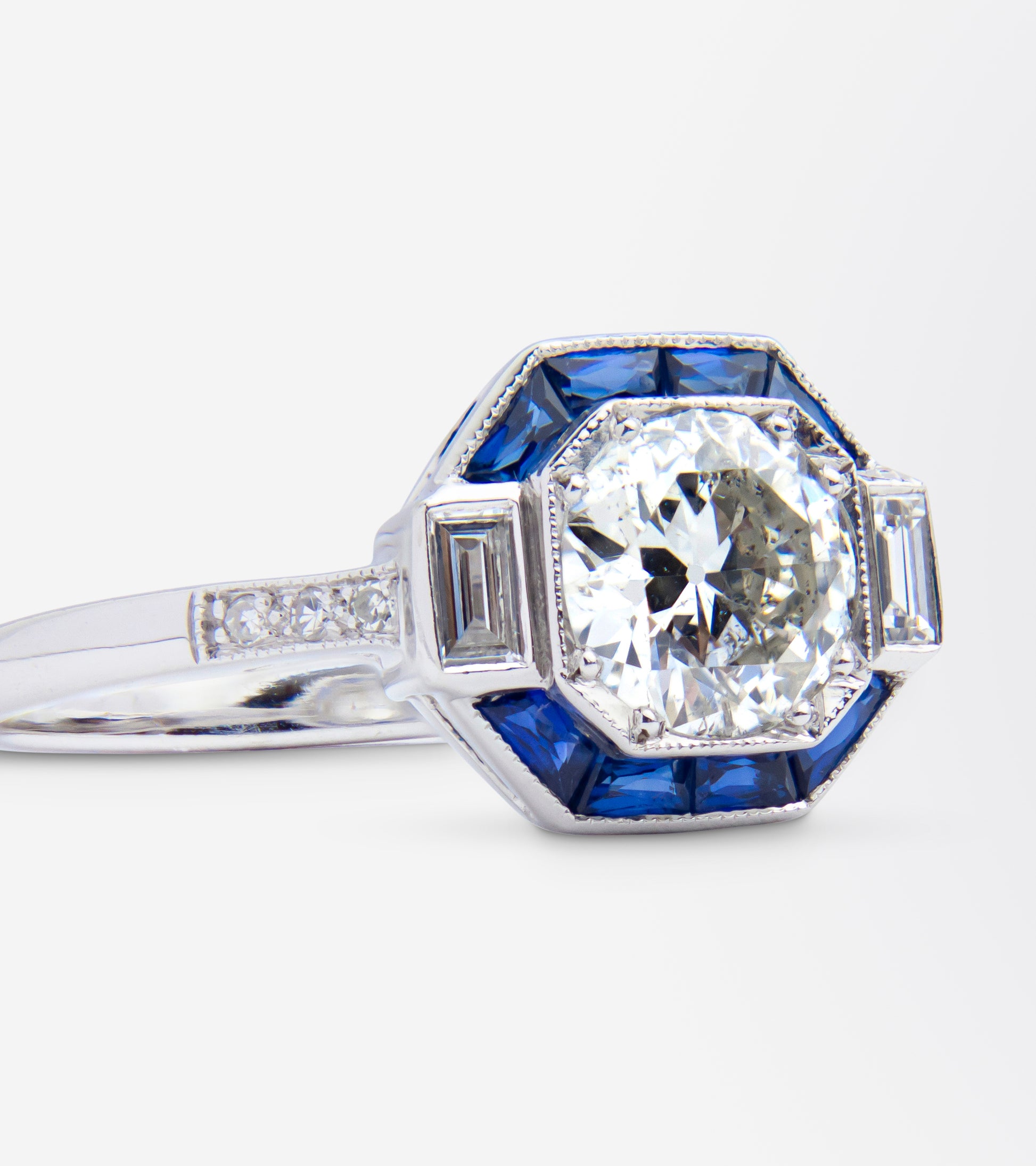 Art Deco Style, White Gold, Diamond & Sapphire Ring
