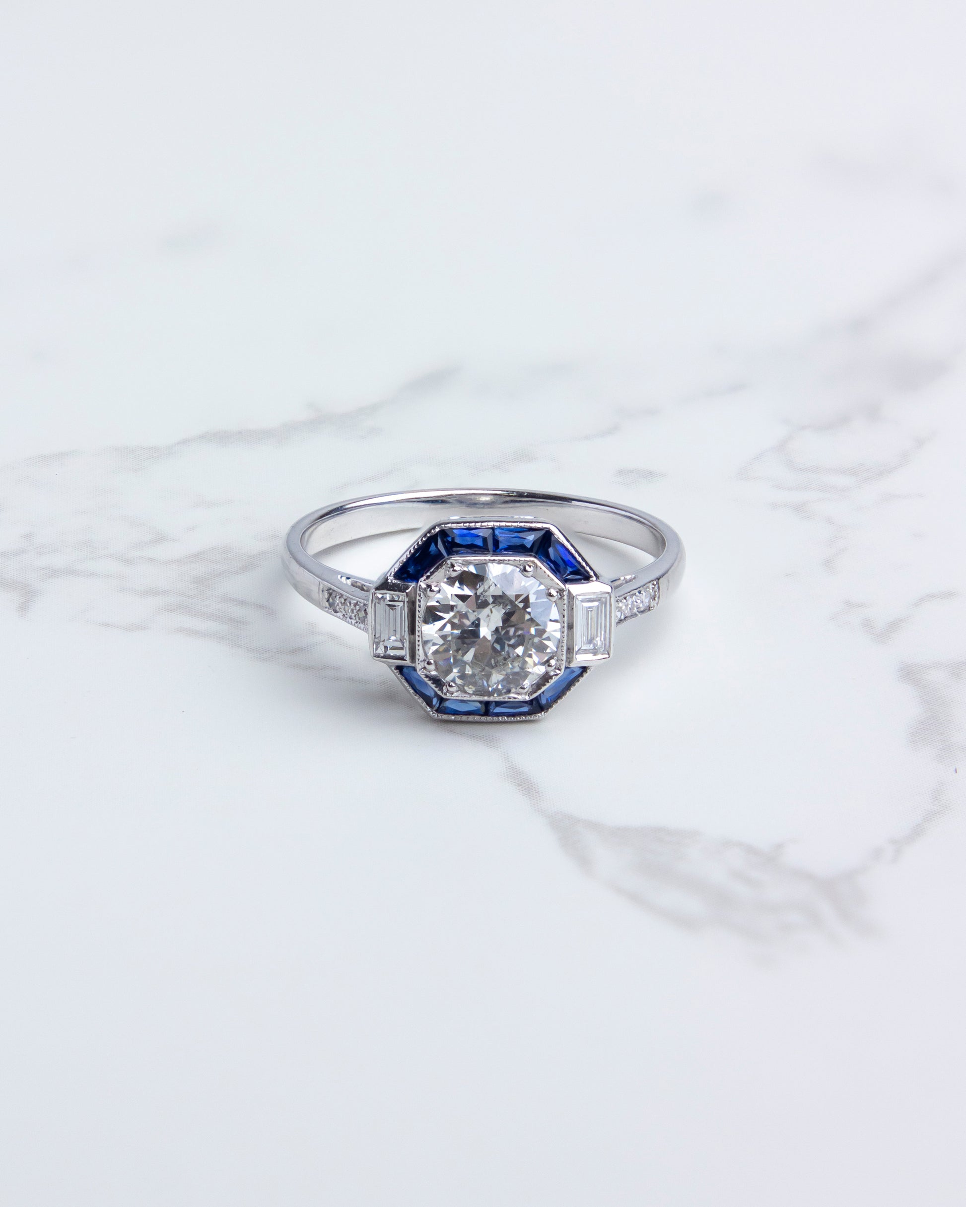 Art Deco Style, White Gold, Diamond & Sapphire Ring