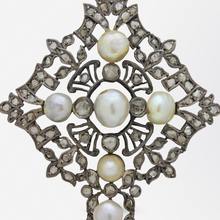 Load image into Gallery viewer, Georgian Natural Pearl, and Diamond Cross Pendant