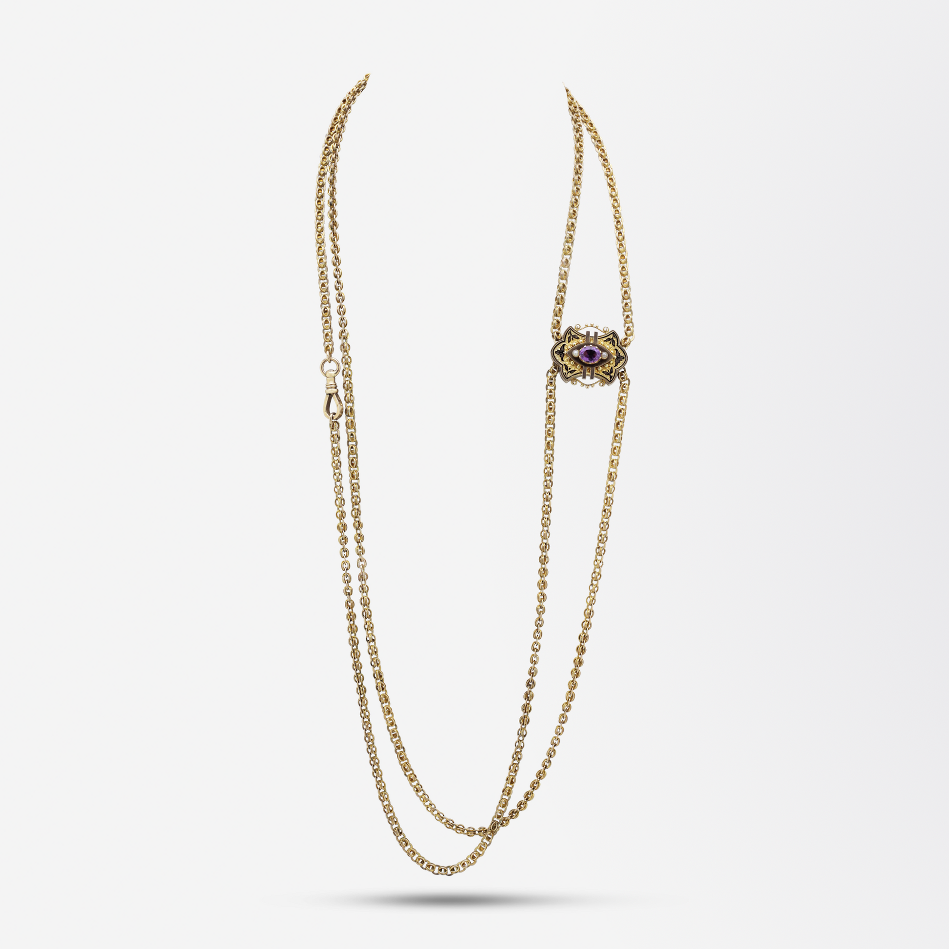 Chaîne manchon anglaise en or jaune 9 carats avec pendentif coulissant, XIXe siècle