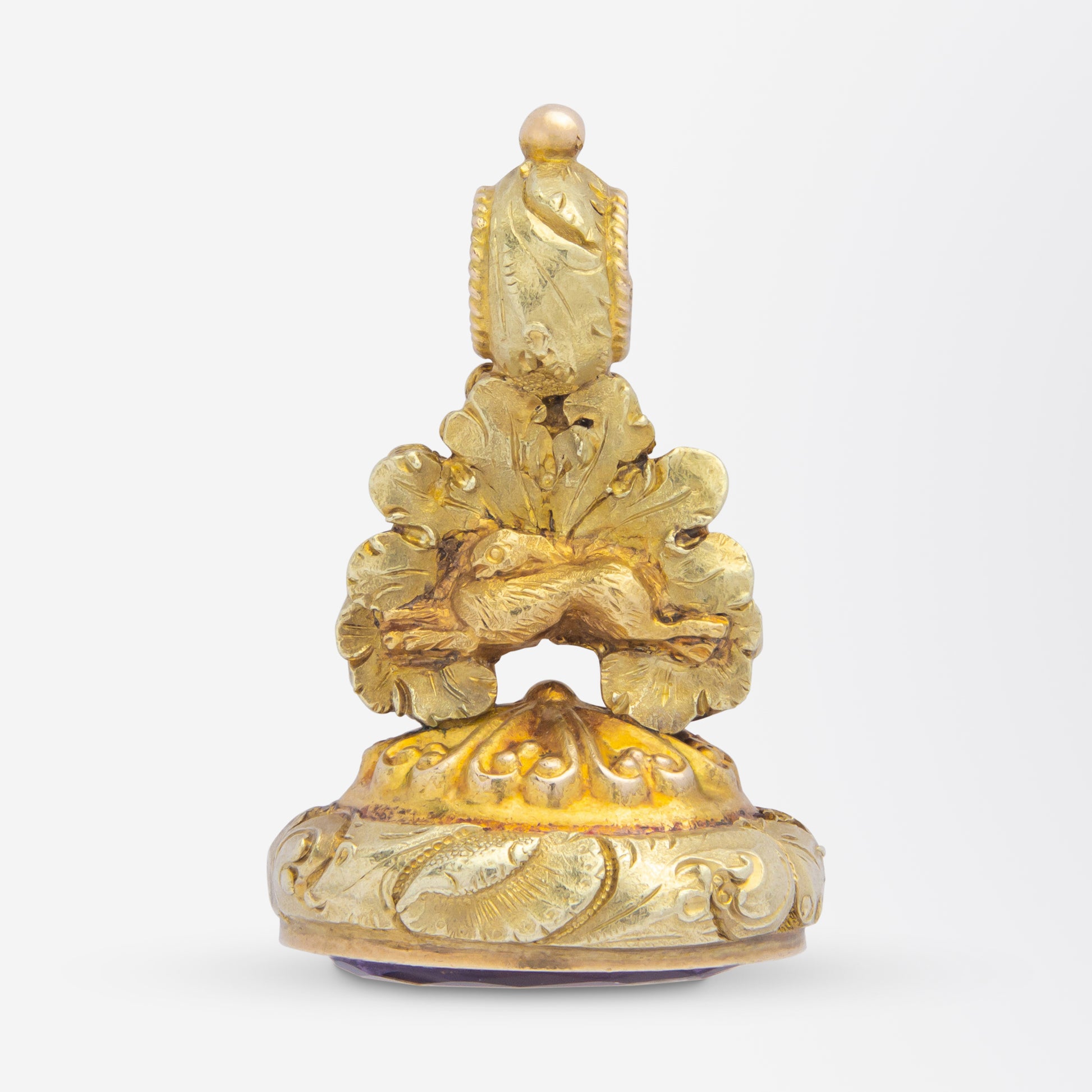 Porte-clés victorien ancien, plaqué or et intaille en améthyste