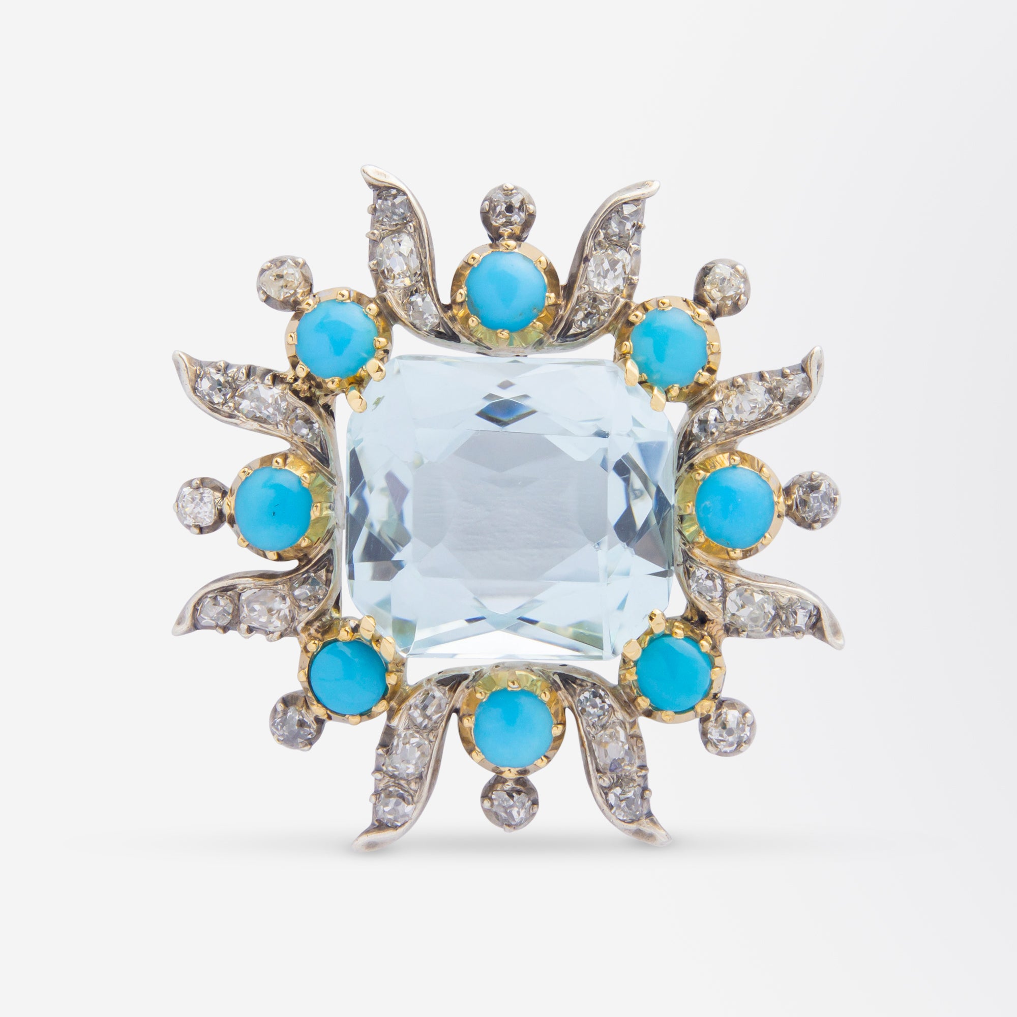 Turn of The Century, Aquamarine, Turquoise & Diamond Brooch Pin