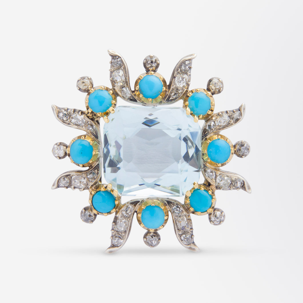 Turn of The Century, Aquamarine, Turquoise & Diamond Brooch Pin