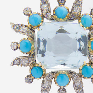 Turn of The Century, Aquamarine, Turquoise & Diamond Brooch Pin