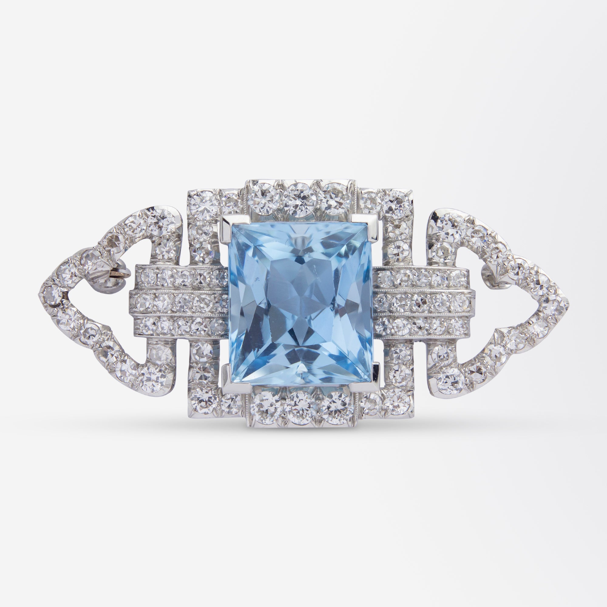 Handmade Platinum and 14kt Yellow Gold 79 Stone Diamond & Aquamarine Art Deco Plaque Brooch