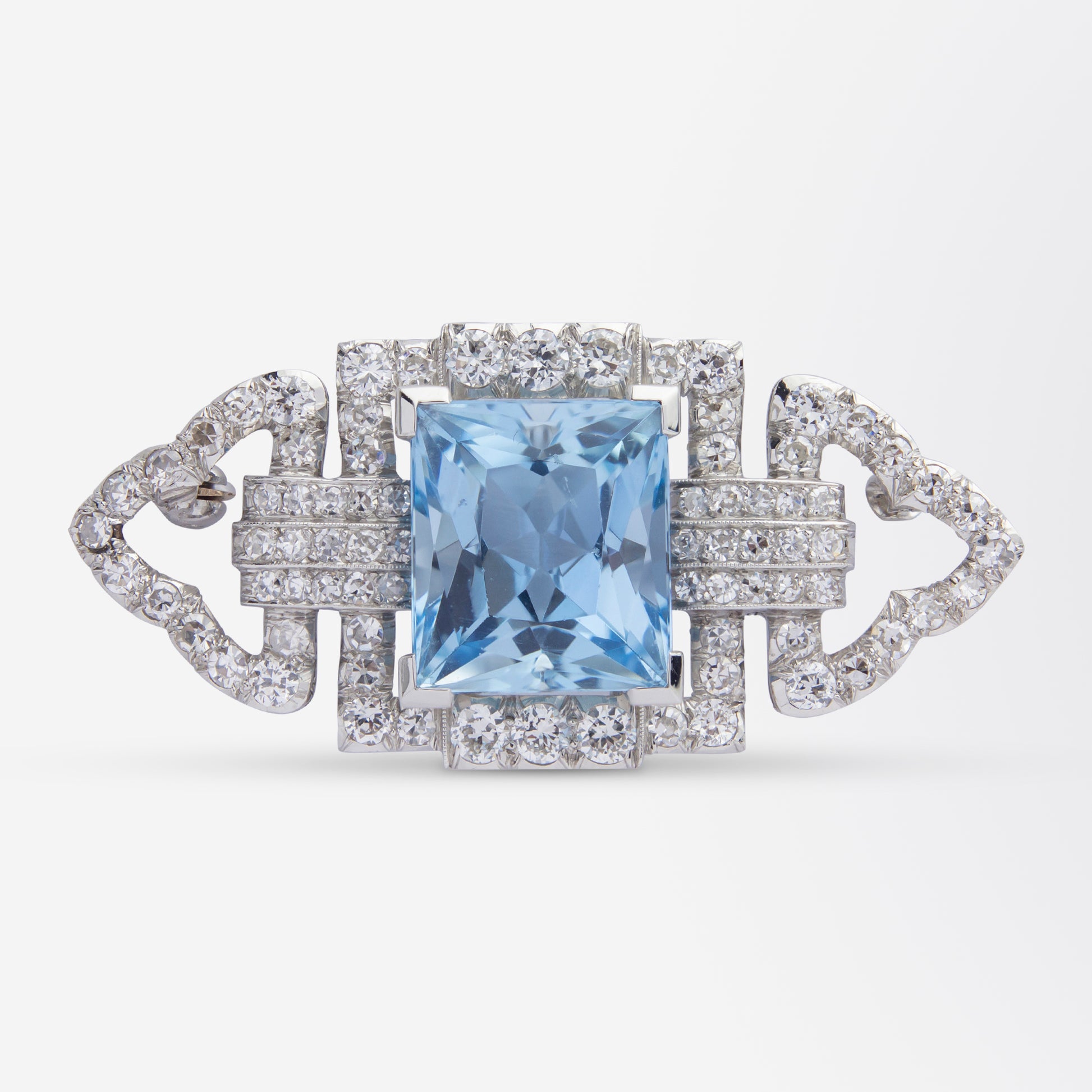 Handmade Platinum and 14kt Yellow Gold 79 Stone Diamond & Aquamarine Art Deco Plaque Brooch