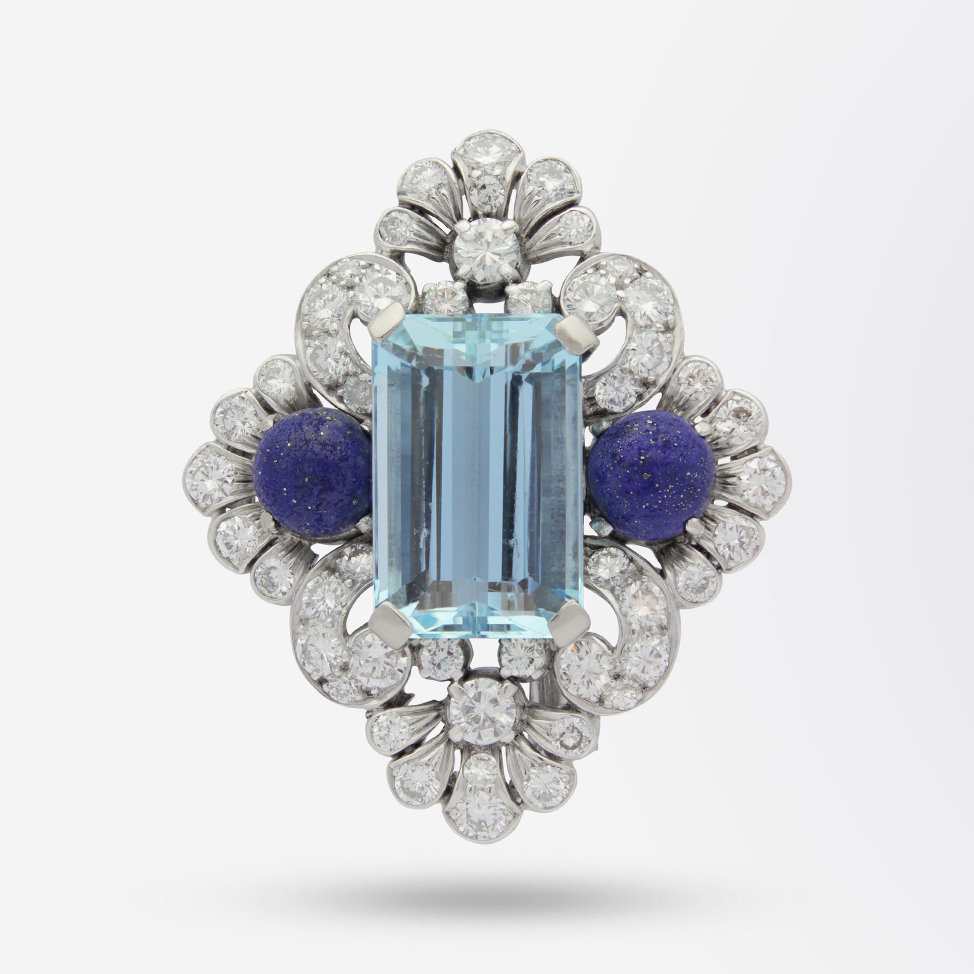 Broche en lapis-lazuli, aigue-marine et diamant