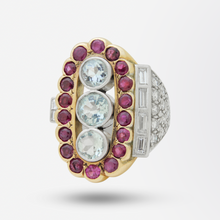 Load image into Gallery viewer, 18kt Yellow Gold, Aquamarine, Diamond, and Ruby Ring