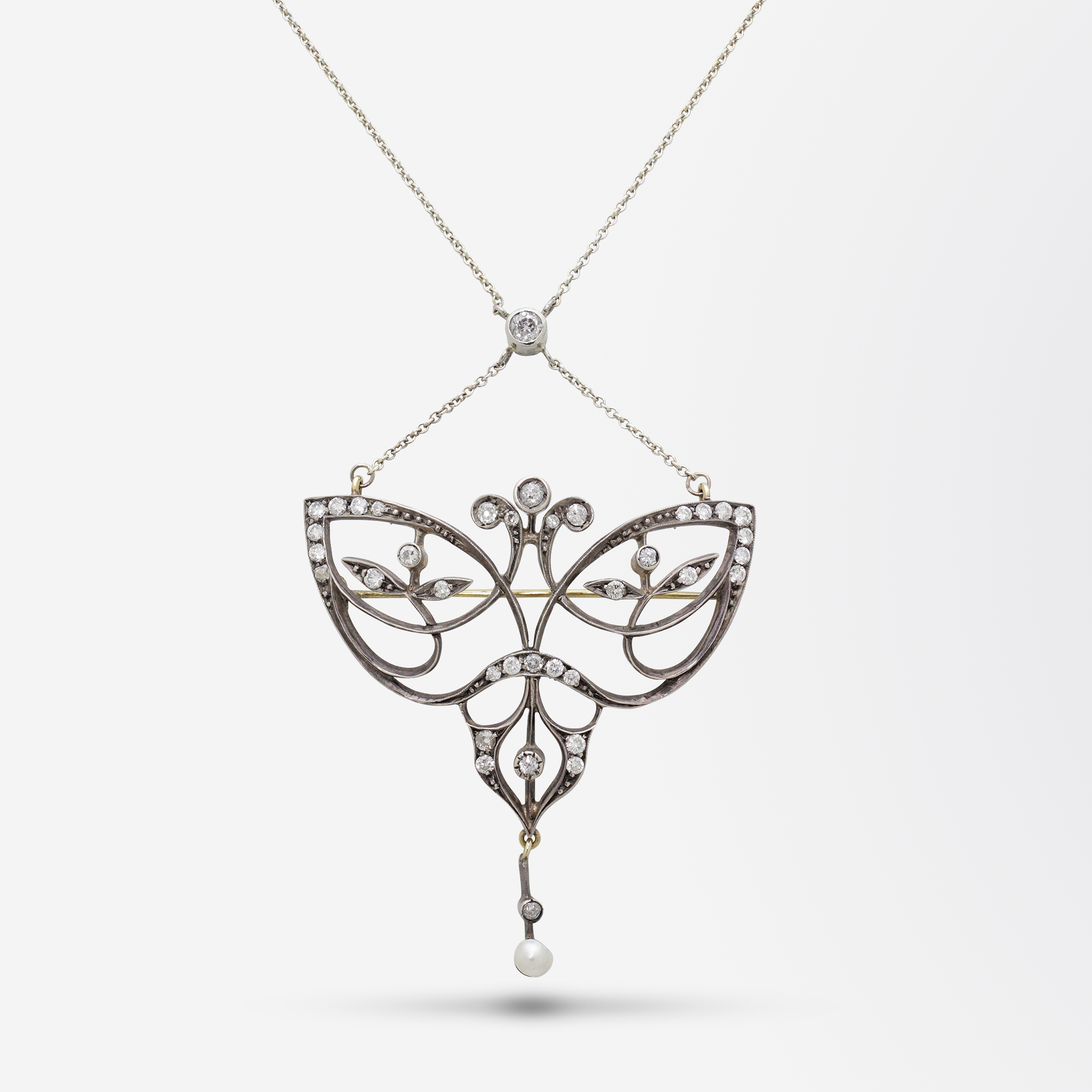 Original Art Nouveau Diamond Brooch Necklace