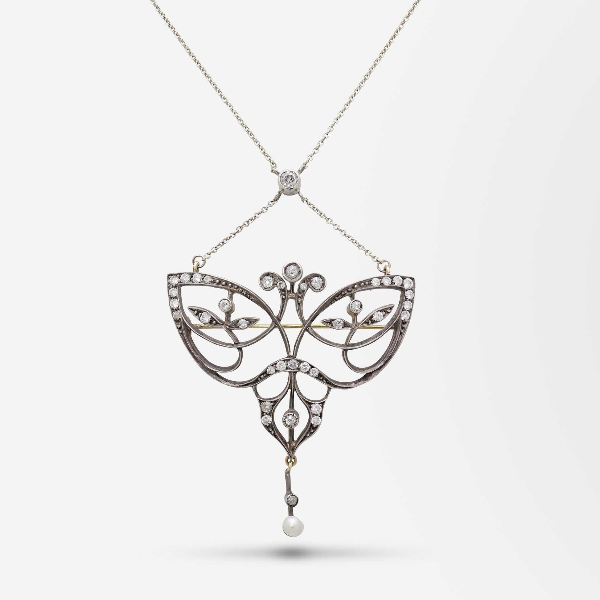 Original Art Nouveau Diamond Brooch Necklace