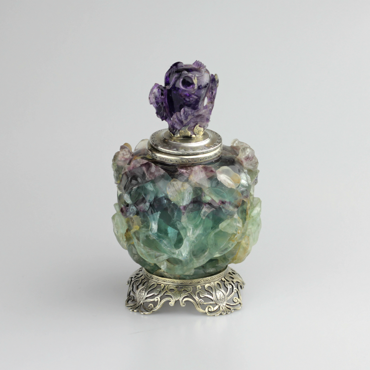 Edward I. Farmer Inkwell in Sterling, Fluorite, Amethyst - The Antique Guild
