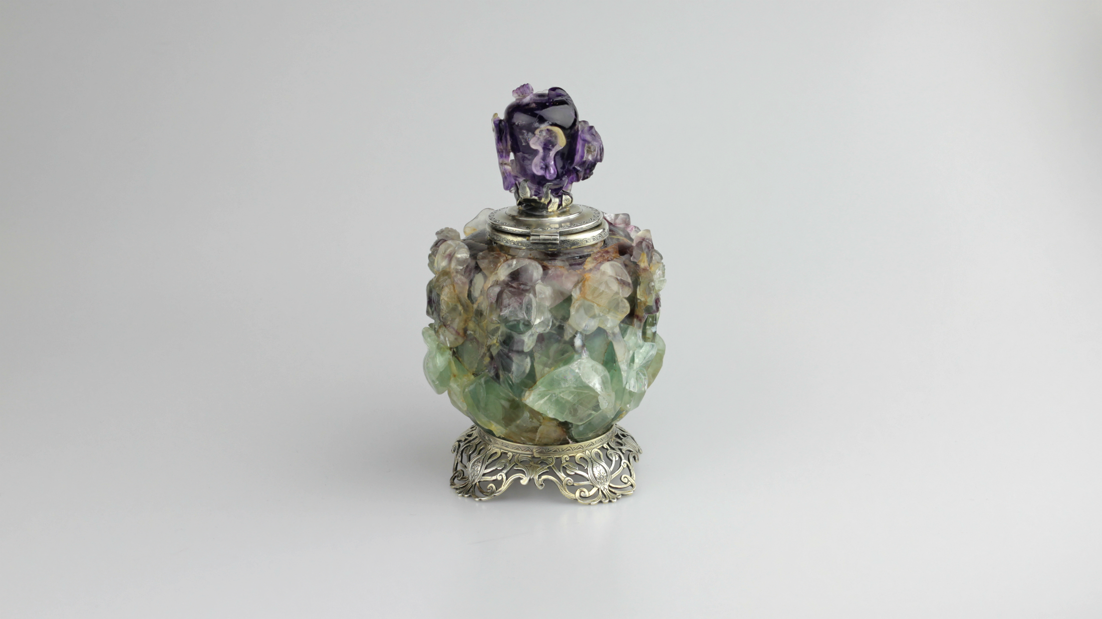 Edward I. Farmer Inkwell in Sterling, Fluorite, Amethyst - The Antique Guild