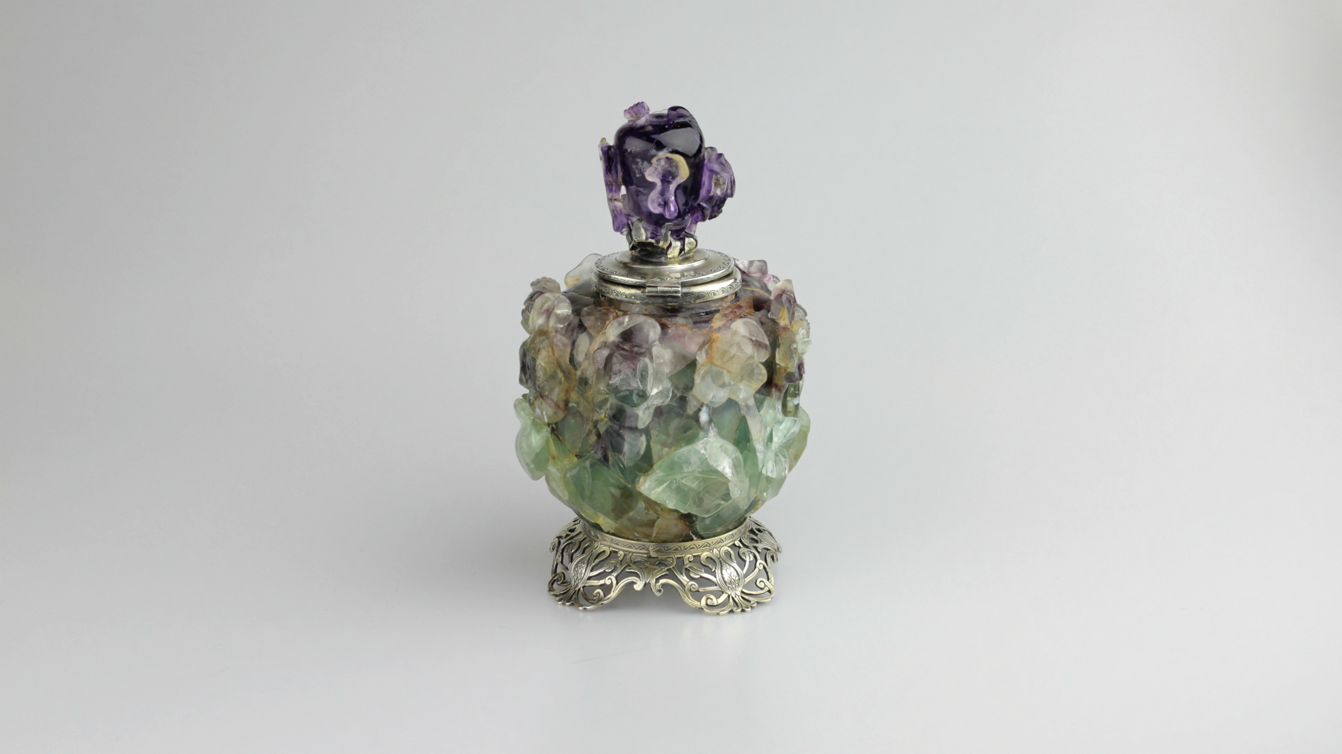 Edward I. Farmer Inkwell in Sterling, Fluorite, Amethyst - The Antique Guild
