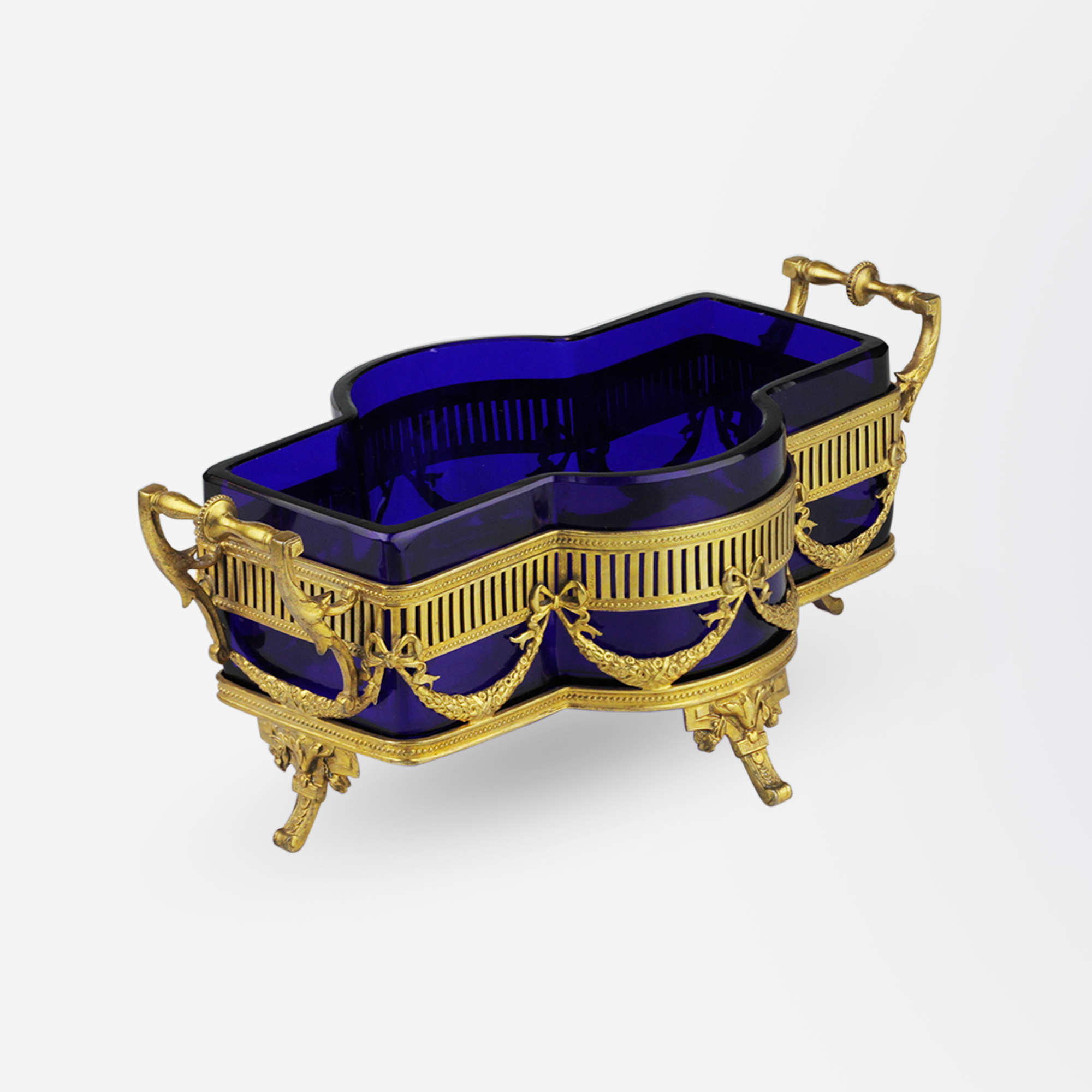 Centre de table de style néoclassique, fin de l'époque victorienne, en argent doré et verre cobalt