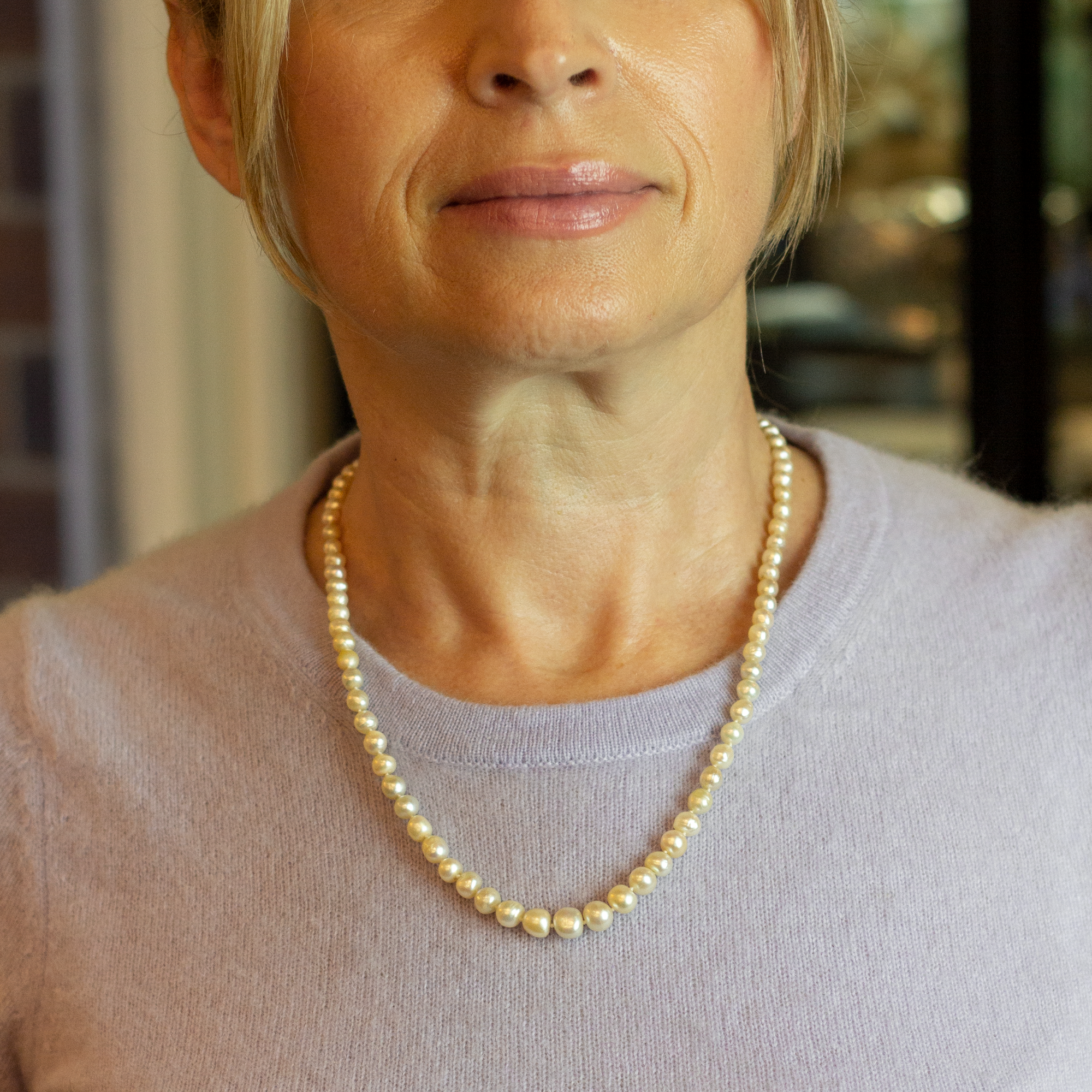 Strand of 85 Natural Pearls With 15kt Gold and Diamond Clasp