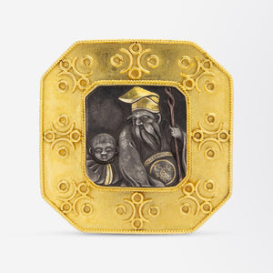 Castellani Brooch in 15kt Gold With Shakudo Plaque