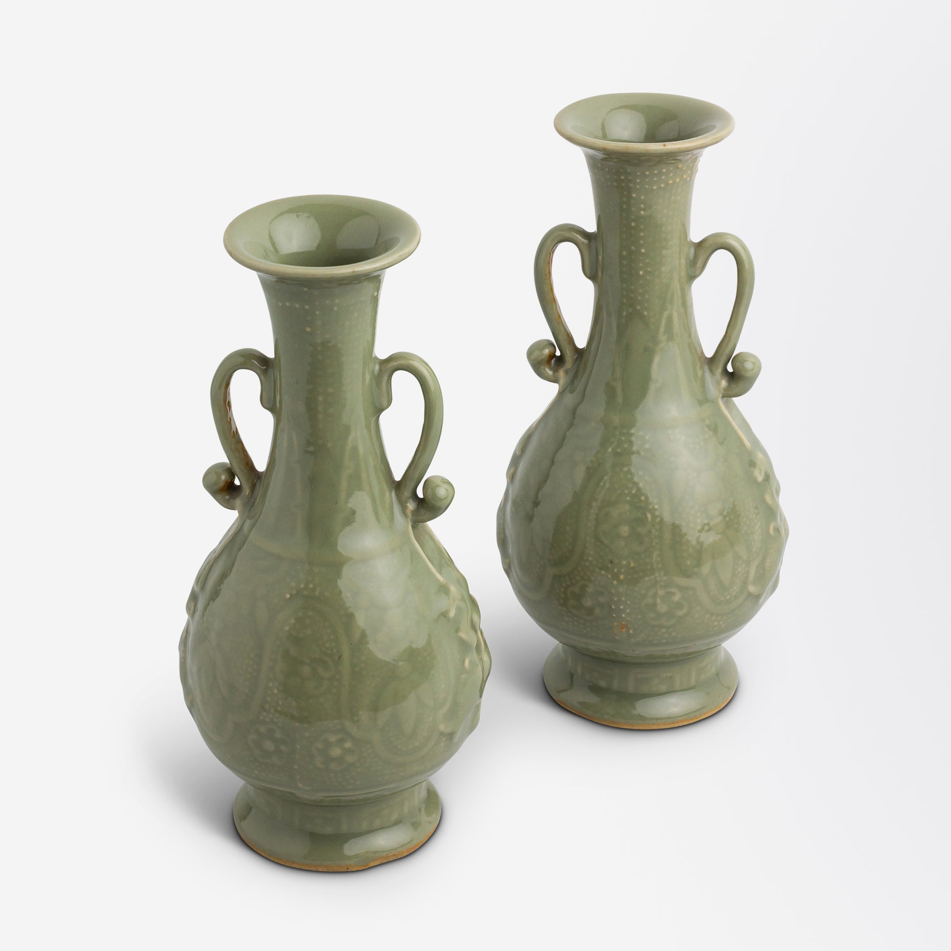 Pair of Celadon Vases in the Yuhuchunping Shape with Handles