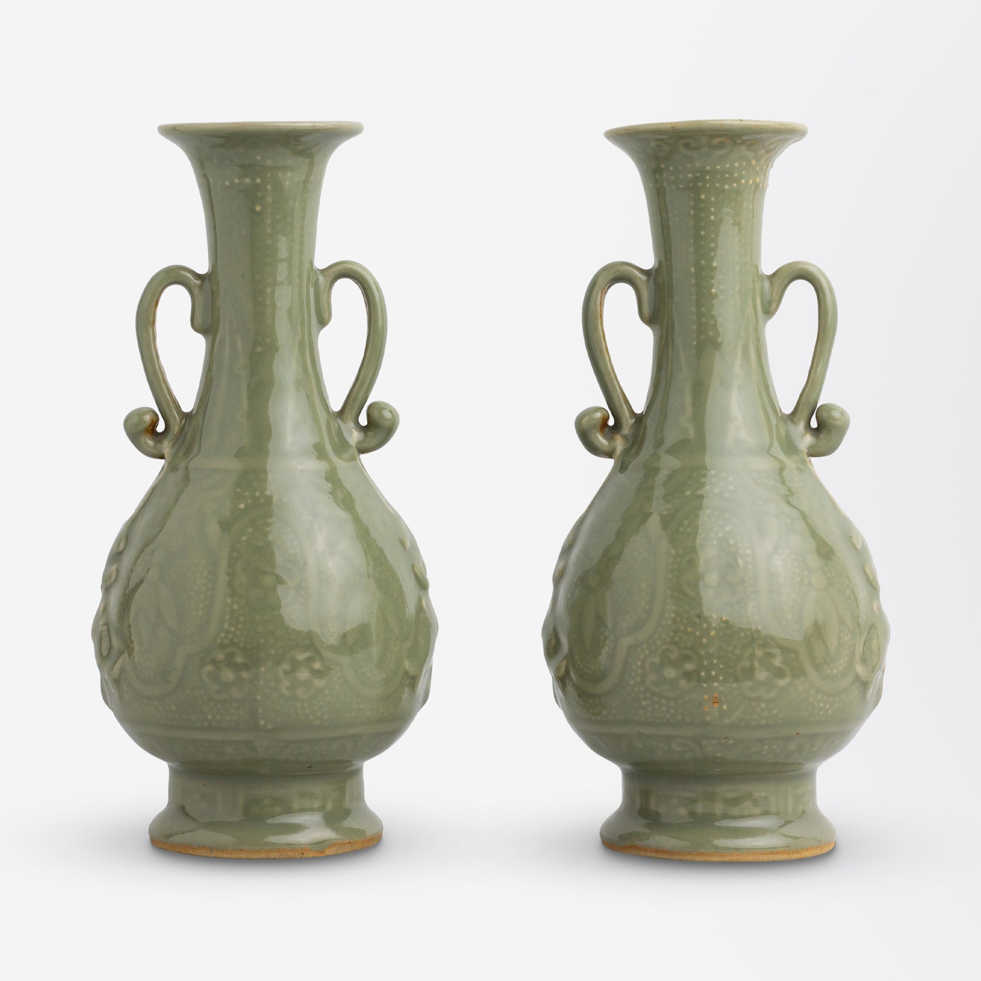 Pair of Celadon Vases in the Yuhuchunping Shape with Handles