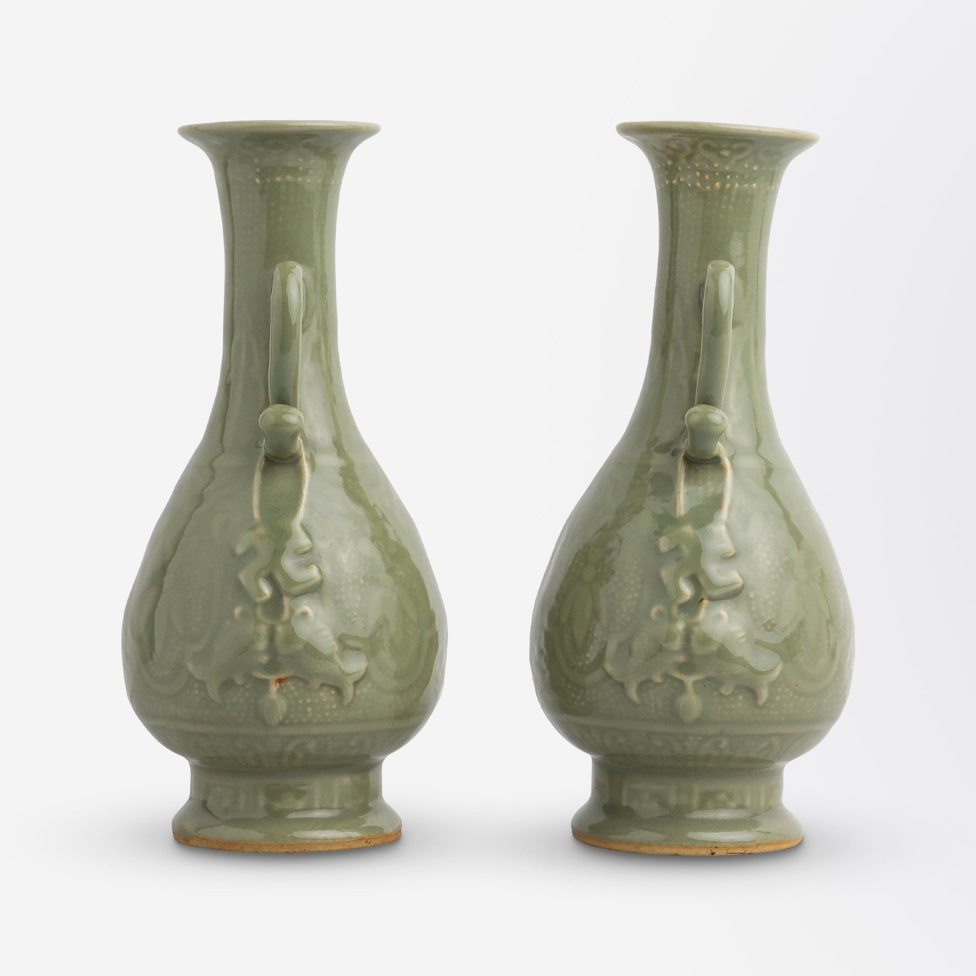 Pair of Celadon Vases in the Yuhuchunping Shape with Handles