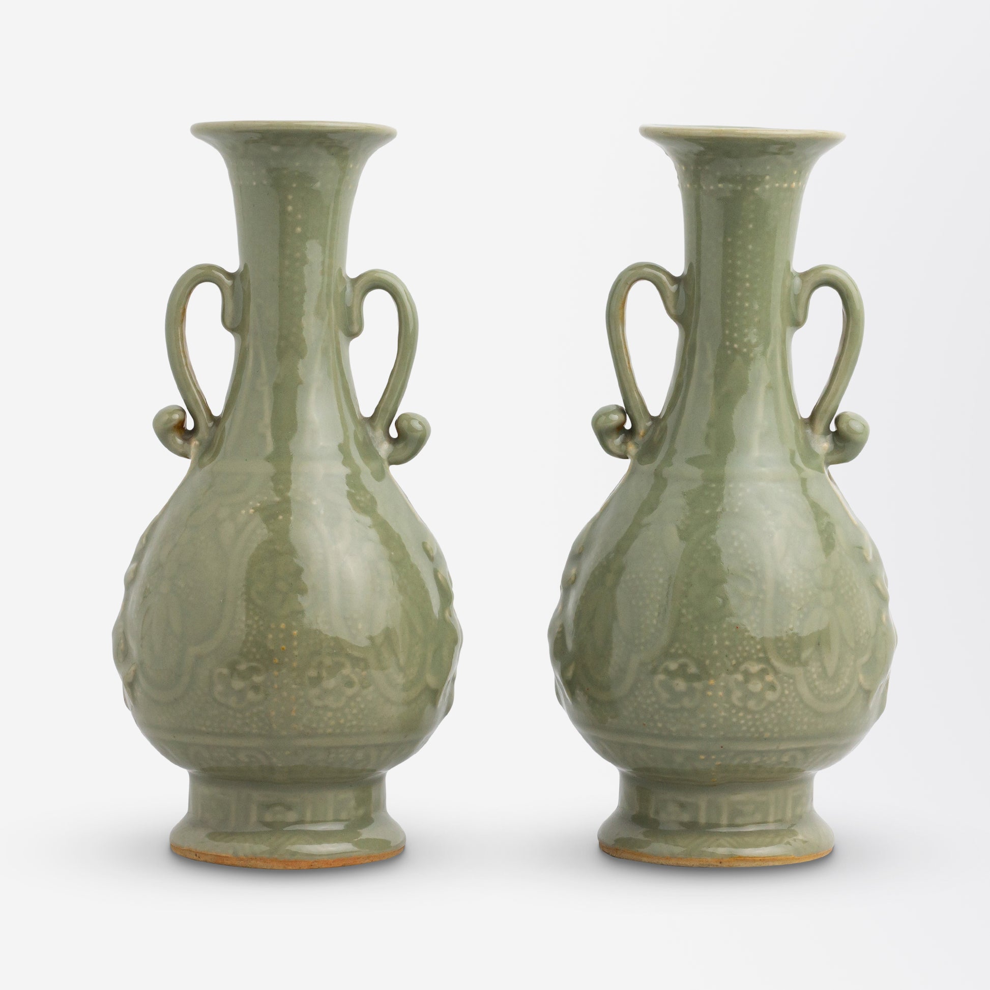 Pair of Celadon Vases in the Yuhuchunping Shape with Handles