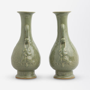 Pair of Celadon Vases in the Yuhuchunping Shape with Handles