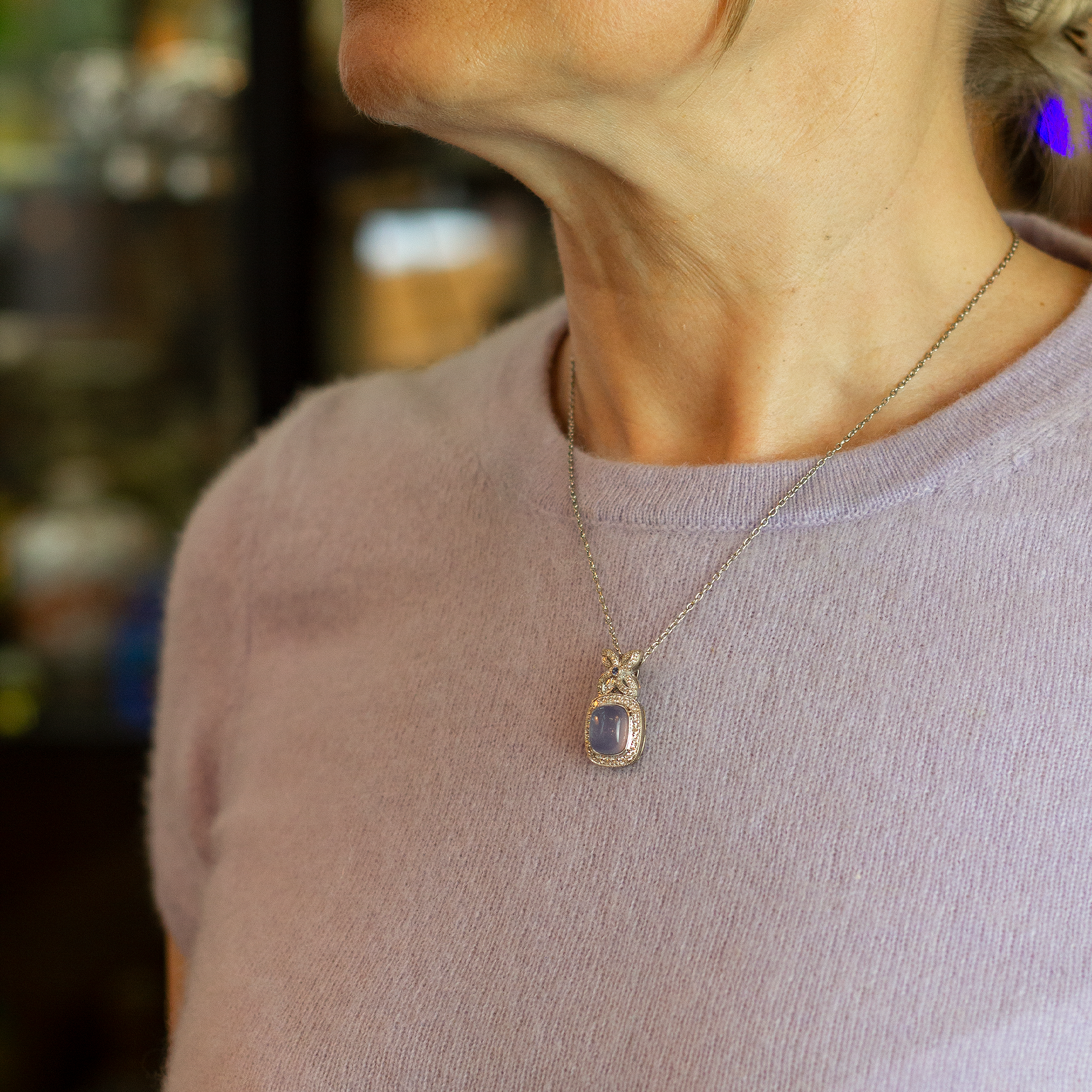 18kt White Gold, Diamond, Sapphire and Chalcedony Pendant Enhancer