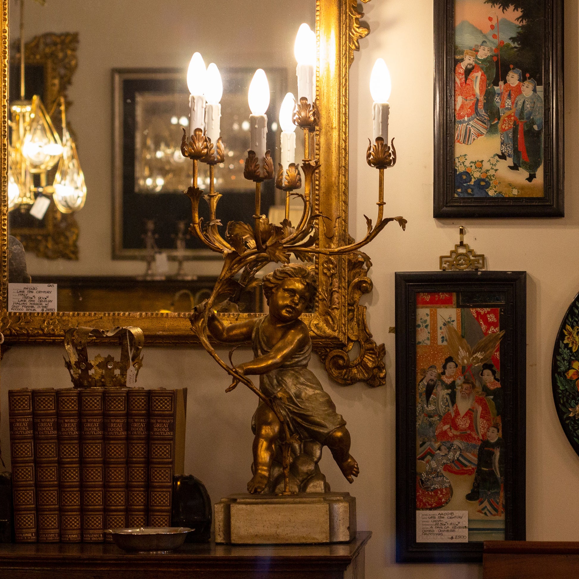 Candélabre italien doré à putti, fin du XIXe siècle