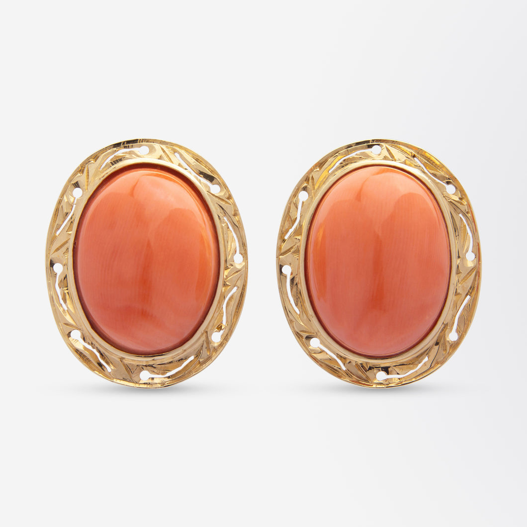 Pair of 14kt Gold & Cabochon Coral Earrings