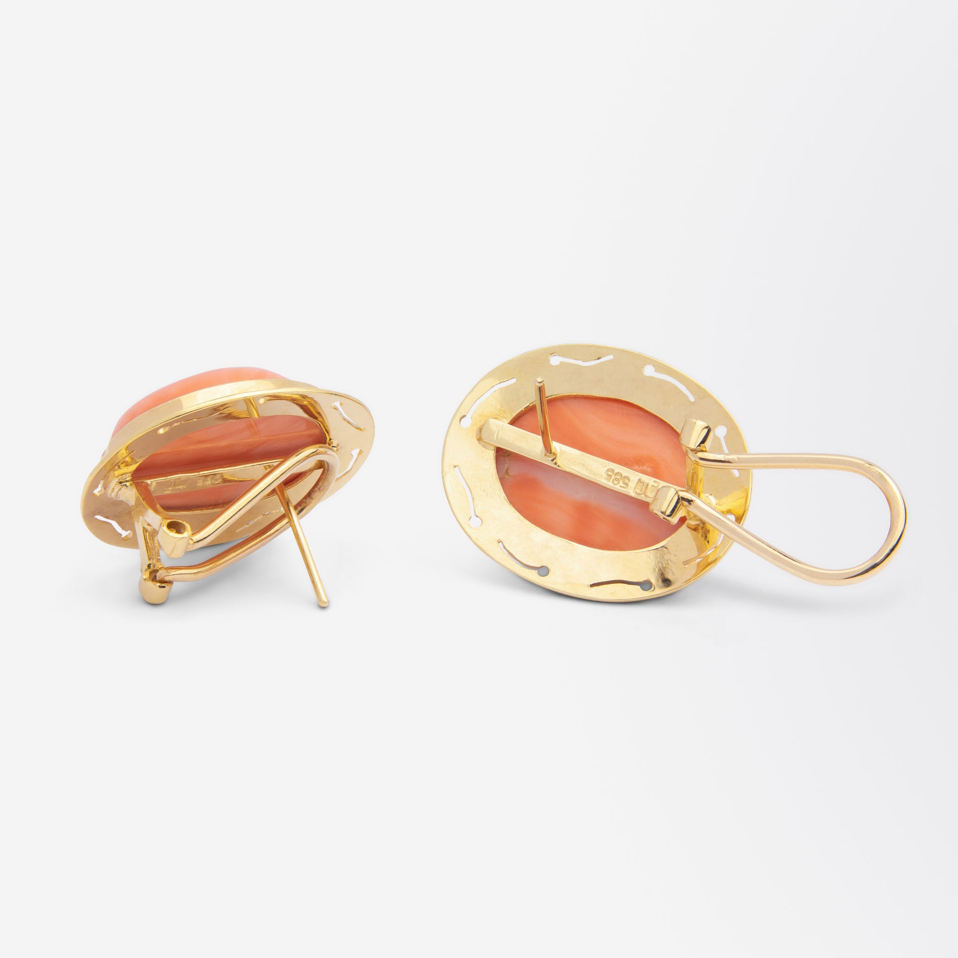 Pair of 14kt Gold & Cabochon Coral Earrings