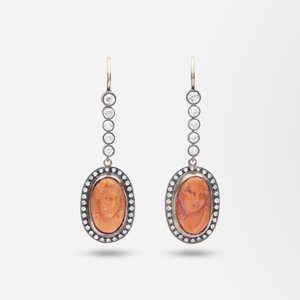 Russian 18kt Rose Gold, Diamond and Cameo Earrings