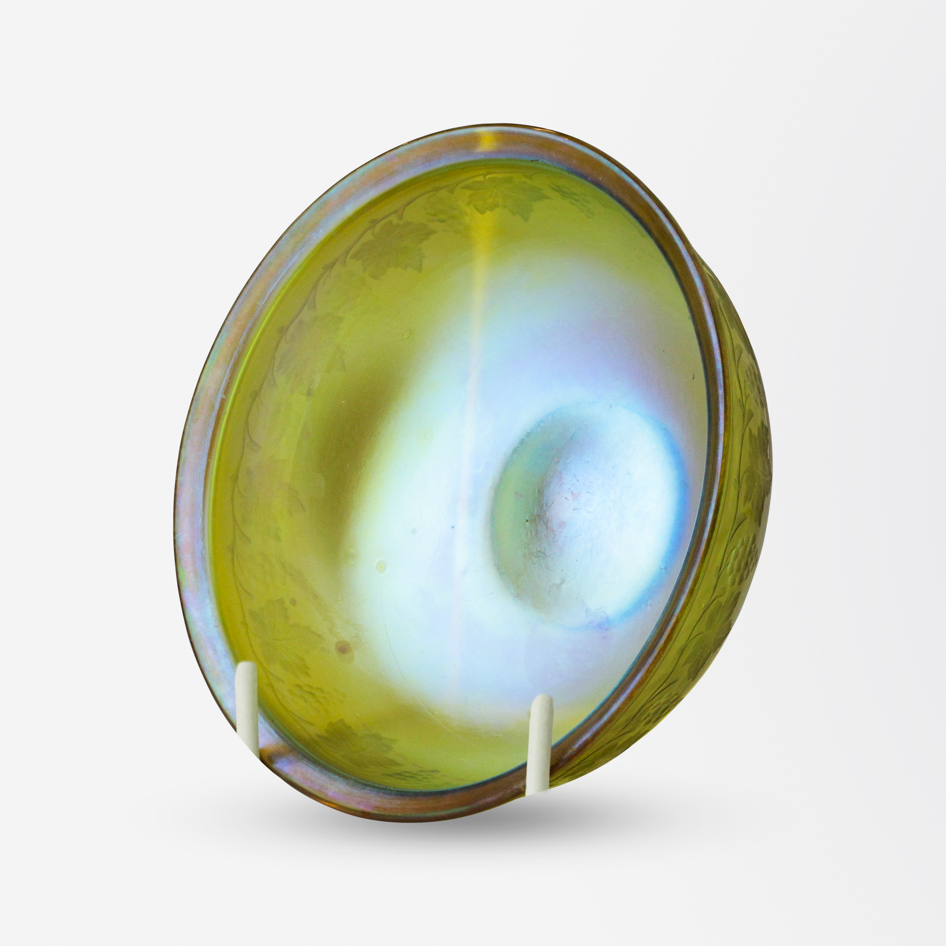 Etched Gold Tiffany Studios Favrile Glass Bowl and Saucer