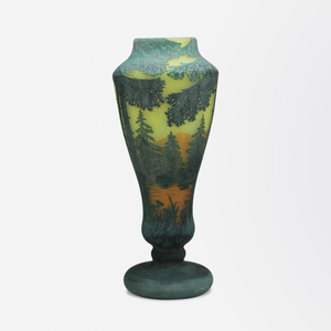 Signed Daum Art Nouveau Cameo Glass Vase with Lake Scene
