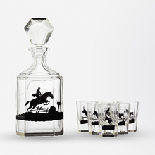 Load image into Gallery viewer, Art Deco Decanter Set Decorated with Fox and Hounds