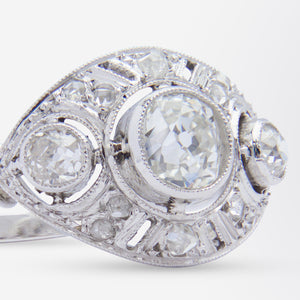 French Art Deco Platinum Ring with Old Cut Diamonds