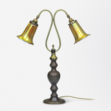 Load image into Gallery viewer, An Art Deco Bronze Table Lamp with Tiffany Style Glass Shades