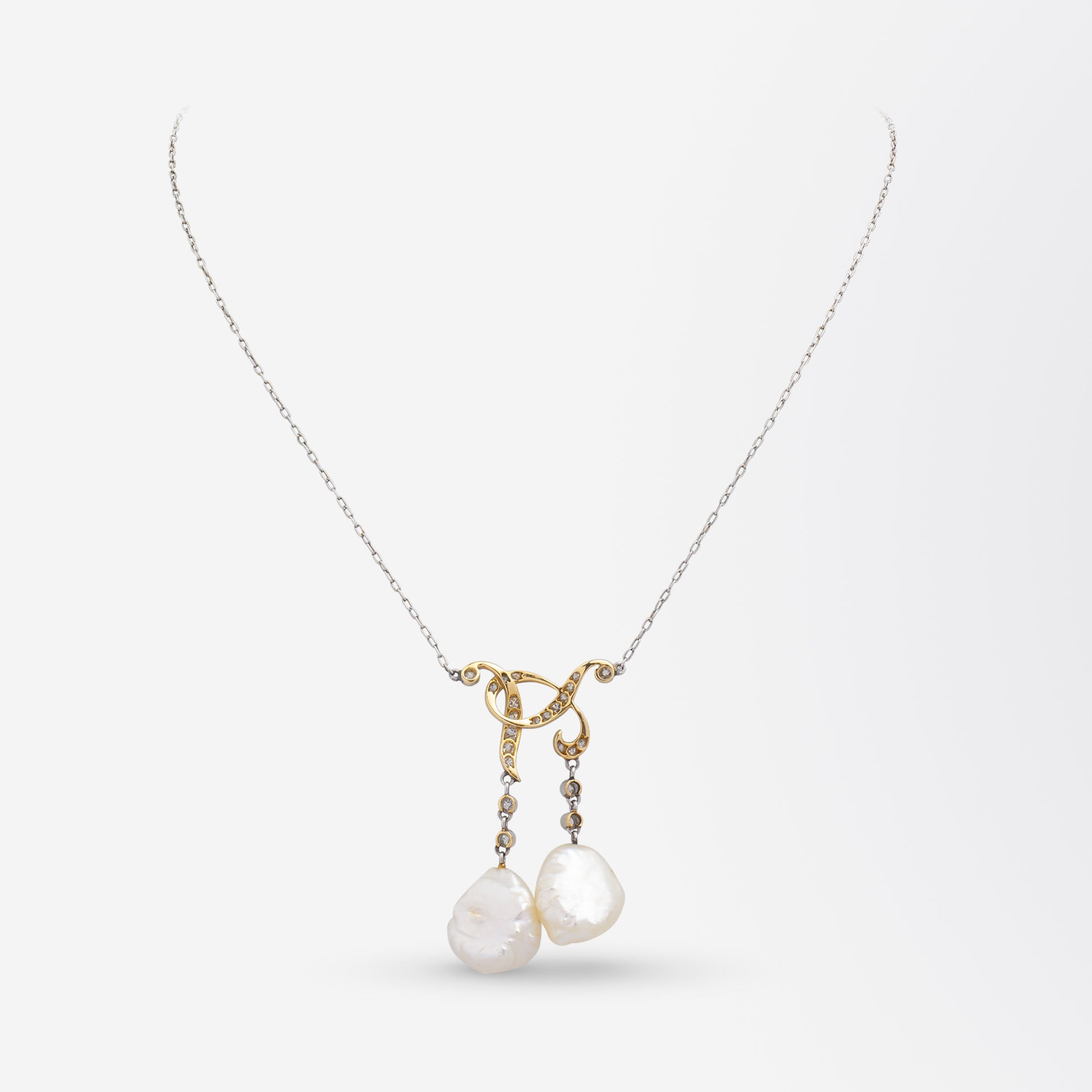 18Kt Yellow Gold & Platinum Tiffany & Co Edwardian Pearl & Diamond Lavalier Necklace