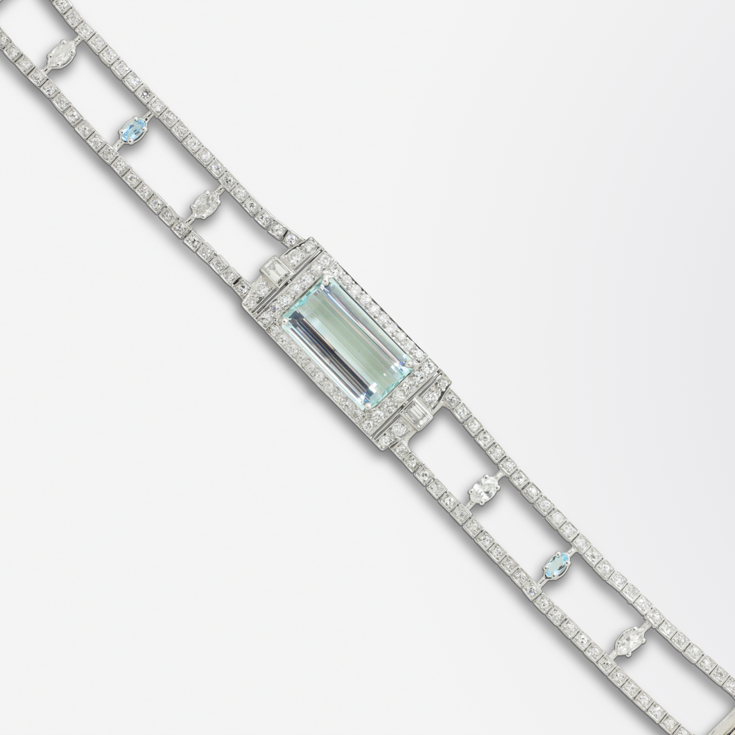 Art Deco, Aquamarine, Platinum, and Diamond Bracelet With GIA Certification