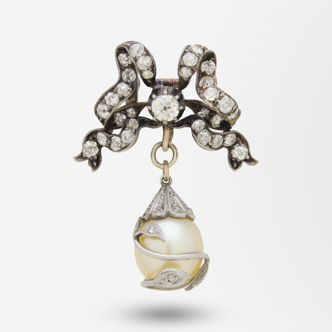 15kt Yellow Gold, Silver, Natural Pearl, and Diamond Brooch Pendant