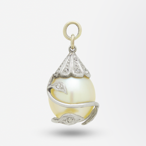 15kt Yellow Gold, Silver, Natural Pearl, and Diamond Brooch Pendant