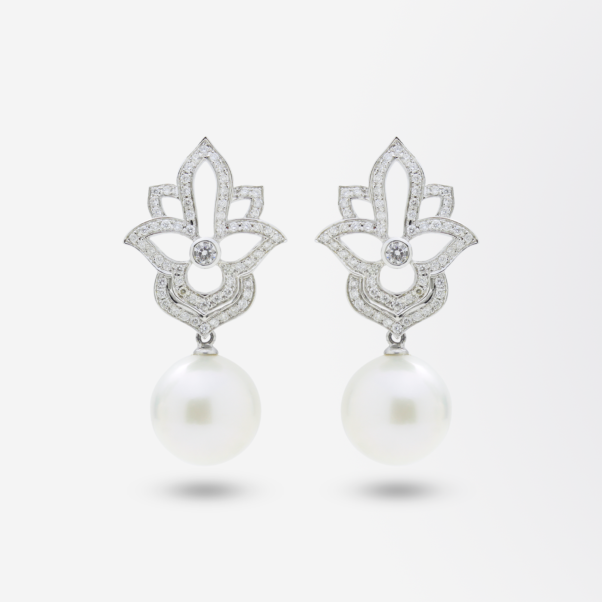 18kt White Gold, Diamond, and South Sea Pearl Earrings