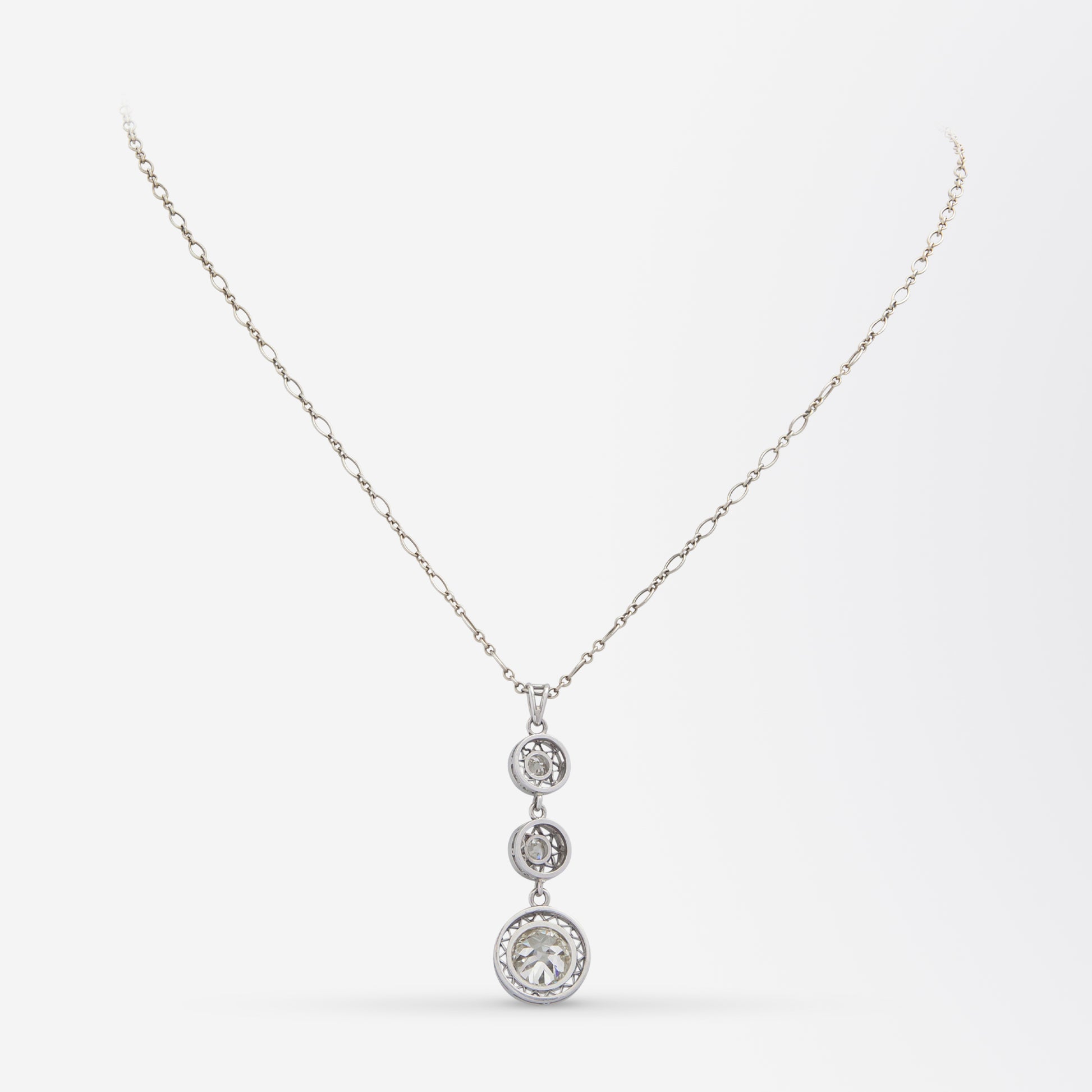 Edwardian, Platinum & Old European Cut Diamond Lavalier Necklace
