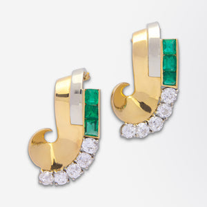 French Art Deco Emerald & Diamond Dress Clip Pair, Possibly by Boucheron