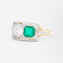 Load image into Gallery viewer, Art Deco Emerald &amp; Diamond &#39;Toi et Moi&#39; Ring