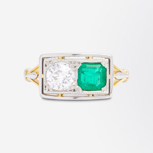 Art Deco Emerald & Diamond 'Toi et Moi' Ring