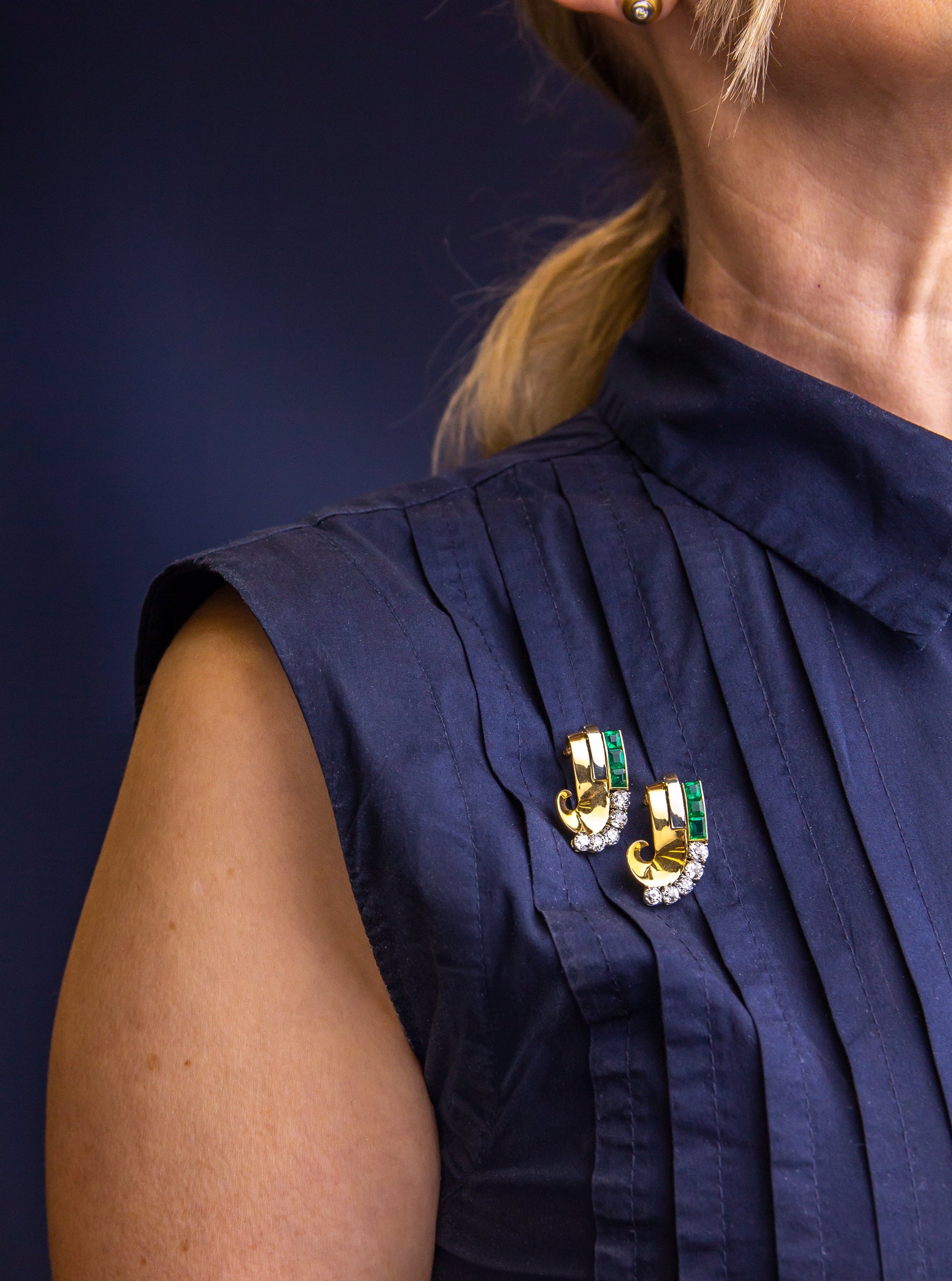 French Art Deco Emerald & Diamond Dress Clip Pair, Possibly by Boucheron