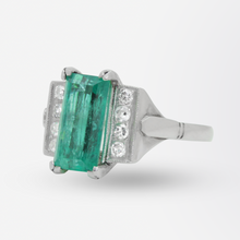 Load image into Gallery viewer, Original Art Deco, Platinum, Emerald, and Diamond Ring