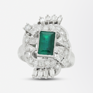 Retro Period, Platinum, Diamond and Emerald Cocktail Ring