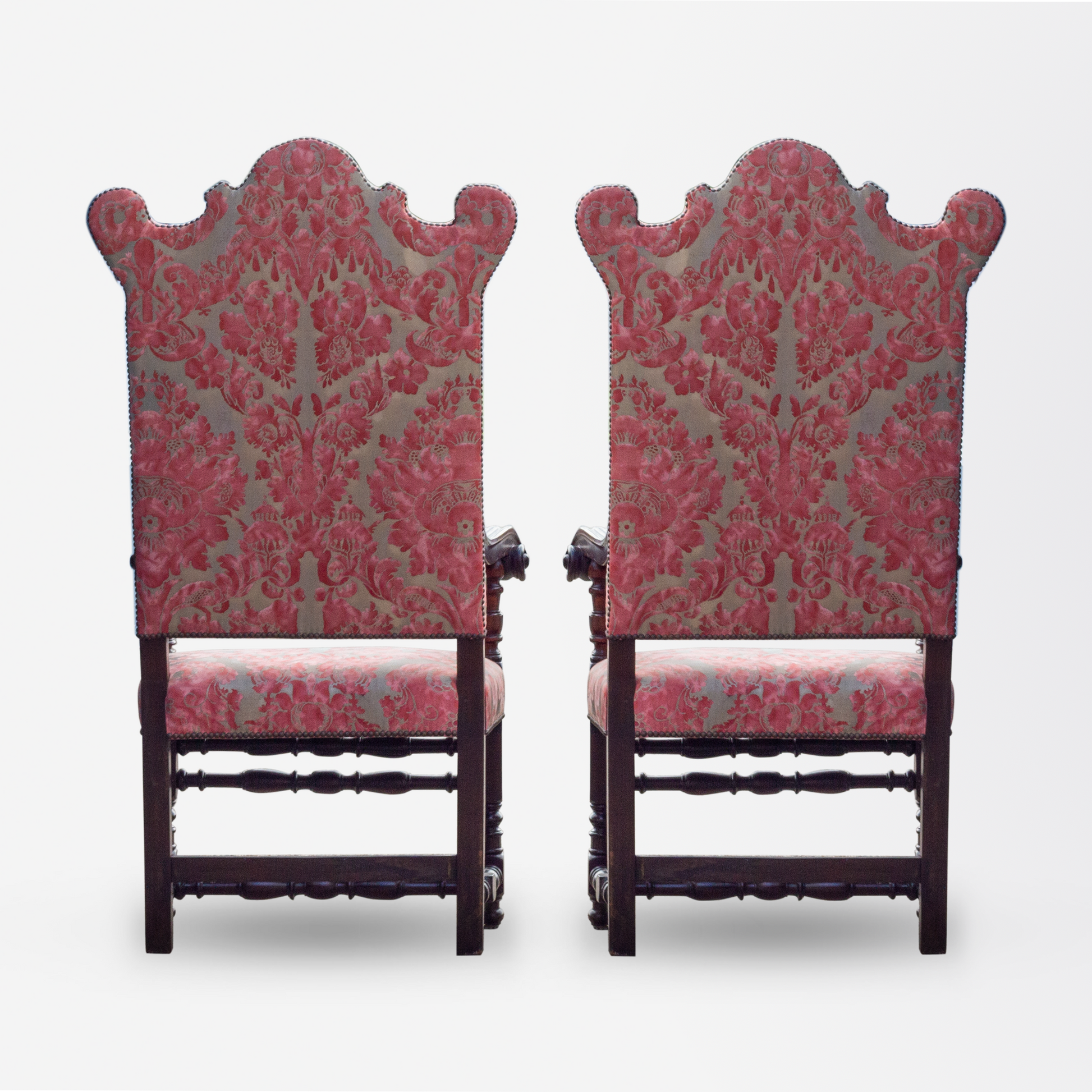 Fauteuils hollandais en noyer de la fin du XIXe siècle, recouverts de tissu Fortuny