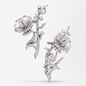 French Convertible Double Clip Diamond Floral Spray Brooch and Ear Clips
